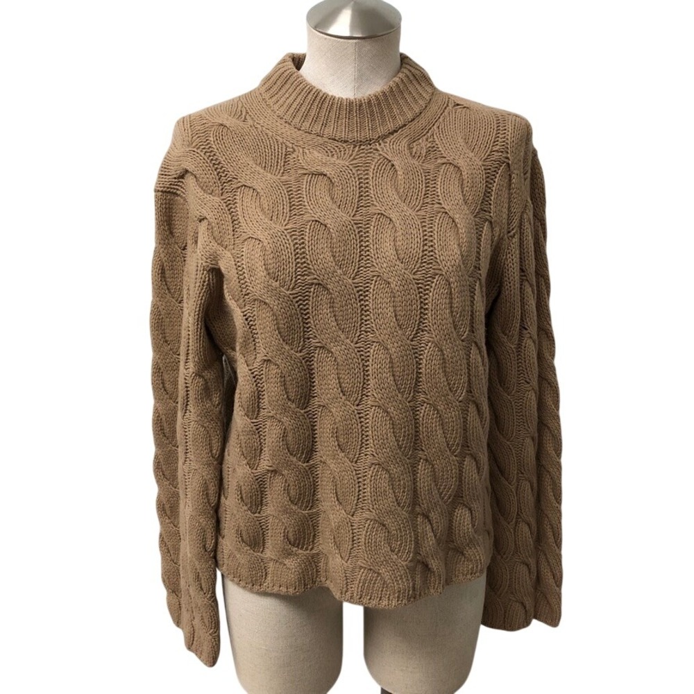 Theory Mock Cable Pullover Womens P Petite Camel Brown Wool Cashmere Sweater
